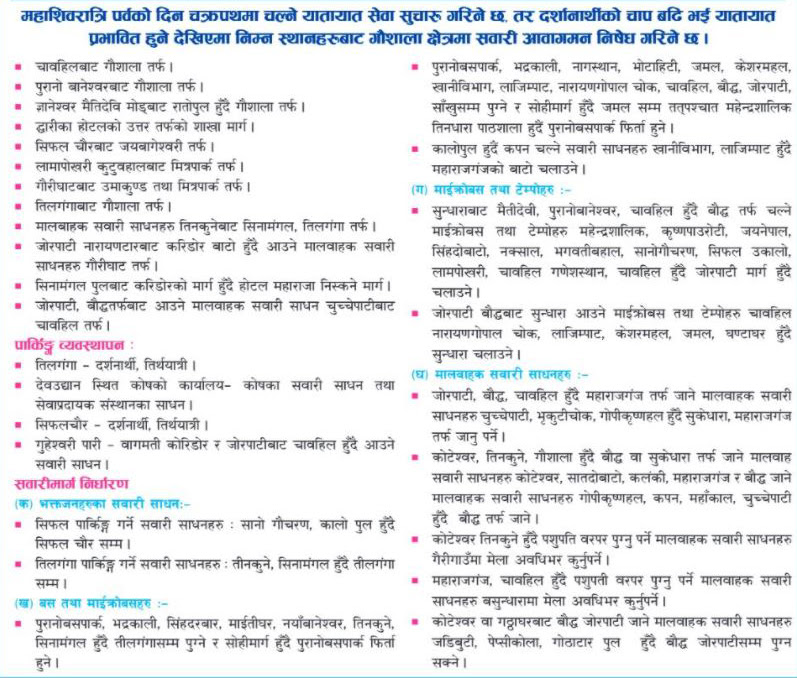 भोलि काठमाडौंका यी ठाउँमा सवारी चलाउन नपाइने