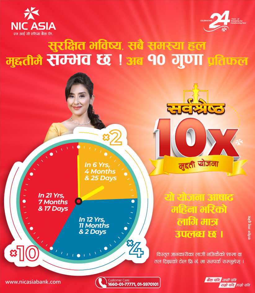 एनआईसी एशिया सर्वश्रेष्ठ १० गुणा मुद्दति योजना: निक्षेपकर्ताले निक्षेप रकमको १० गुणासम्म रकम पाउने