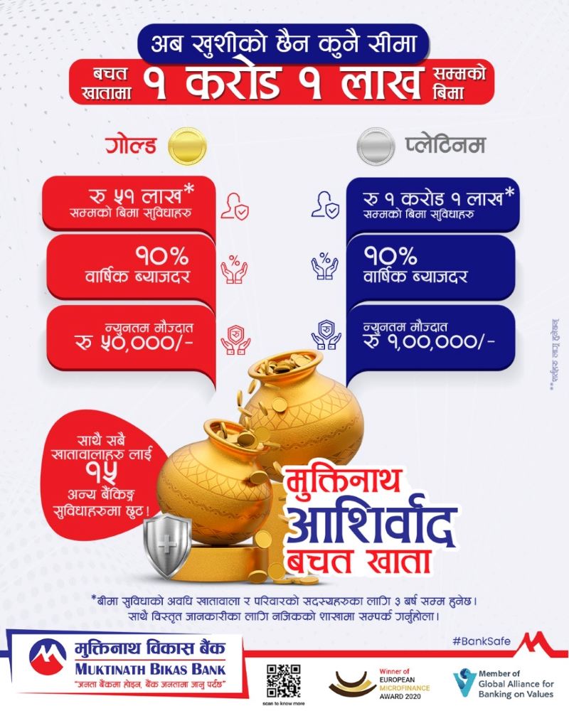 मुक्तिनाथ विकास बैंकको रु. १ करोड १ लाख सम्मको बीमा सुविधा भएको “मुक्तिनाथ आशिर्वाद बचत खाता”